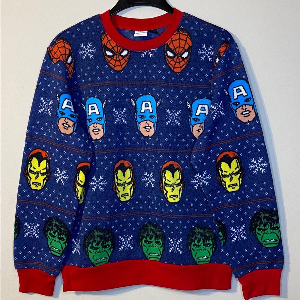Marvel Red and Blue Graphic Apparel Avengers Ugly Christmas Sweater Size M